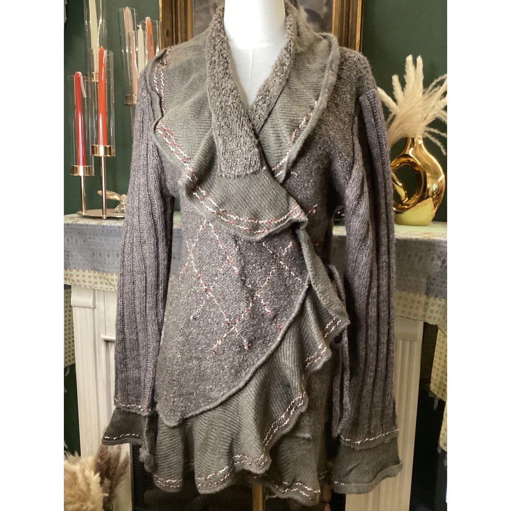 Forla‎ Paris Mohair Wool Ruffle Wrap Cardigan Sweater Size L